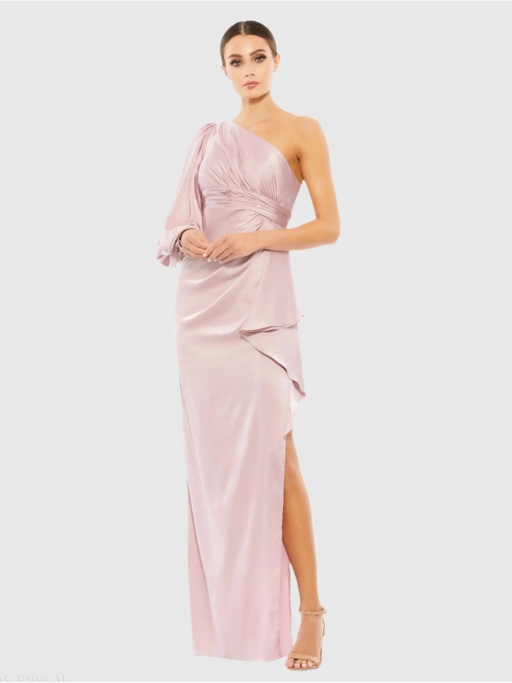 Mac Duggal One-Shoulder Long Sleeve Draped Bodice Gown Maxi Dress 55398 NWT $398 - Picture 2 of 5